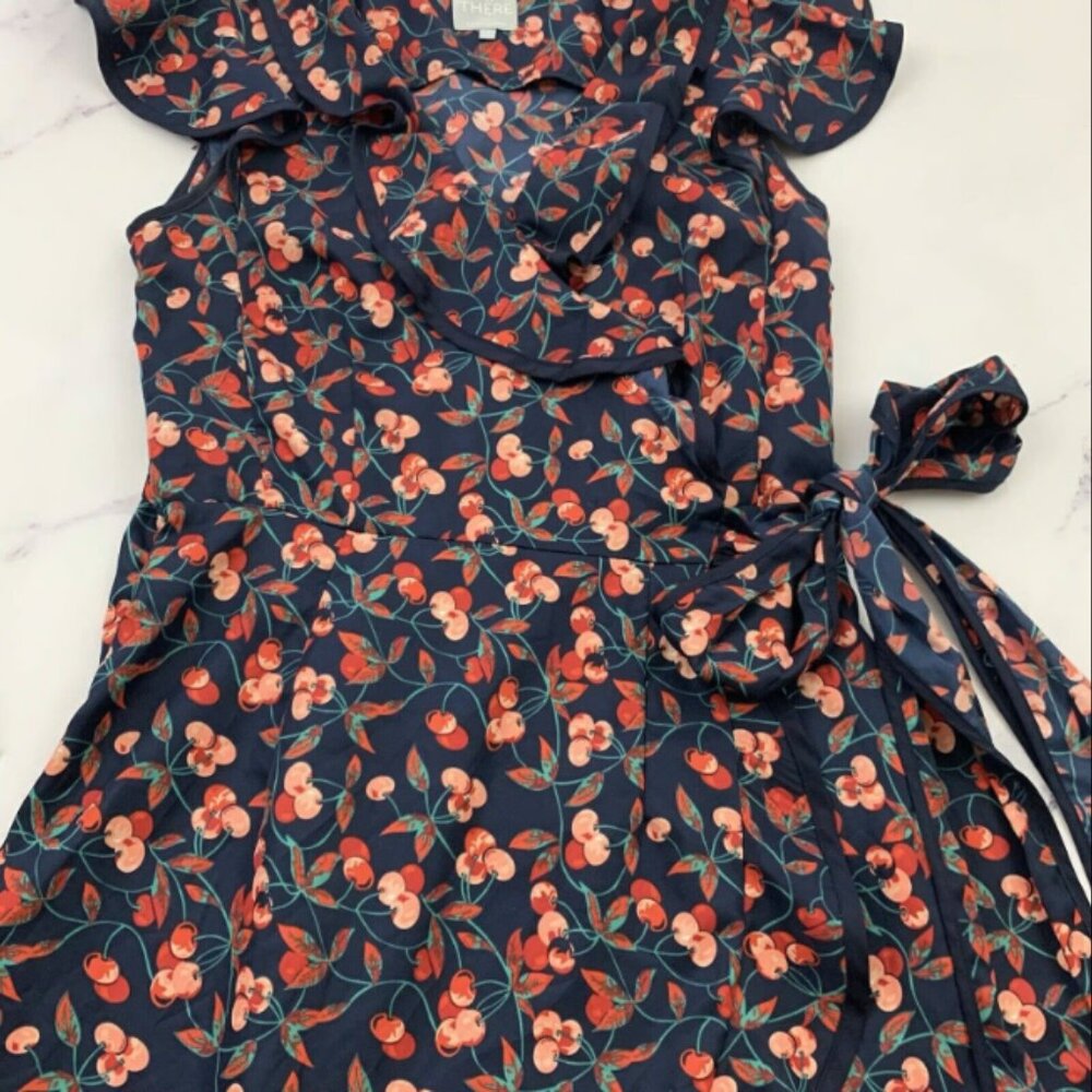 Hi There Karen Walker Wrap Dress Size 4 Blue Red Cherry Print Ruffle Trim Retro - Picture 2 of 4